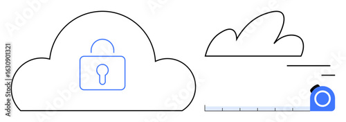 Cloud with lock representing security and privacy, alongside a cloud with a measuring tape symbolizing analytics, scalability, and optimization. Ideal for cybersecurity, cloud storage, analytics