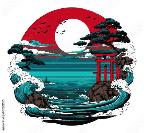 Vibrant Silhouette of Waves and Torii Gate Under Bold Red Sun