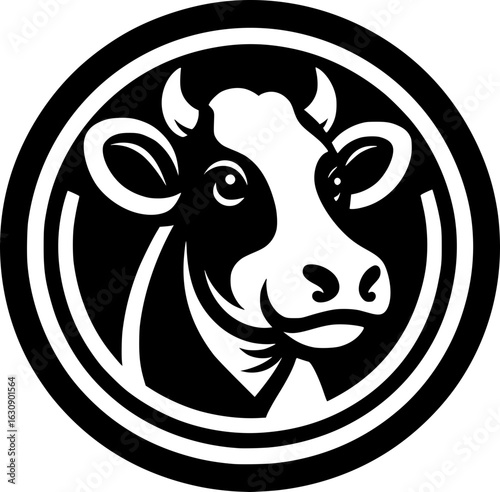 Minimalist black and white icon of a cow with clean lines, perfect for farm-themed logos, stickers, or digital use in a modern, scalable style.