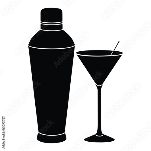 Black silhouette of cocktail shaker and martini glass with straw on white background drink beverage