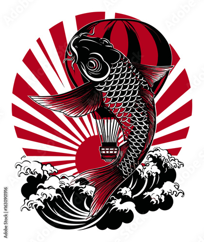 Koi Fish Hot Air Balloon in Red and Black Abstract Art Illustration