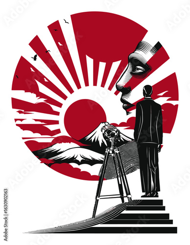 Surreal Landscape with Abstract Figure and Rising Sun Illustration