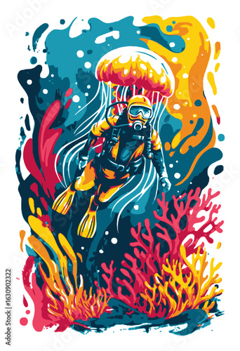 Vibrant Abstract Illustration of a Diver with a Jellyfish Underwater Scene