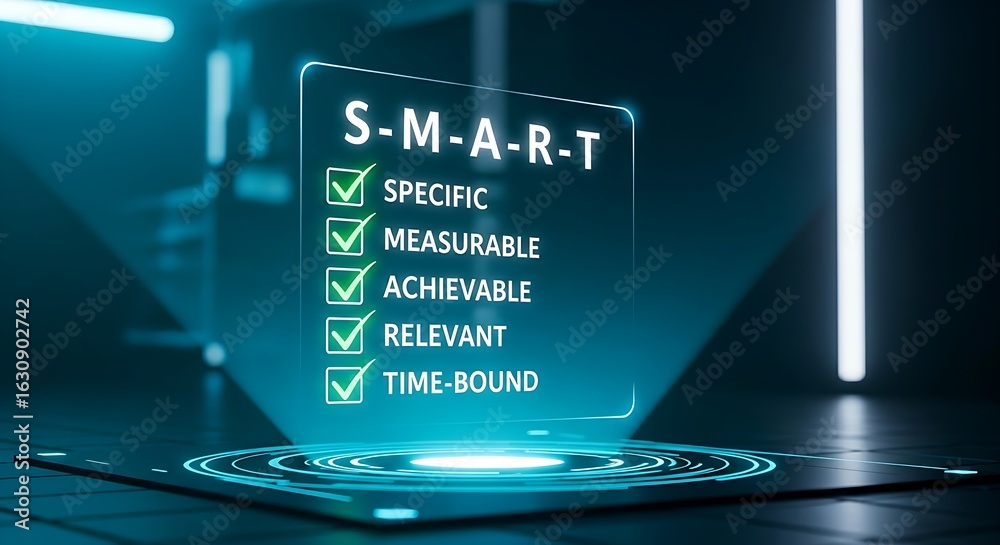 Obraz premium SMART goals concept. A holographic checklist displays the letters S-M-A-R-T (Specific, Measurable, Achievable, Relevant, Time-bound), each getting a green checkmark.