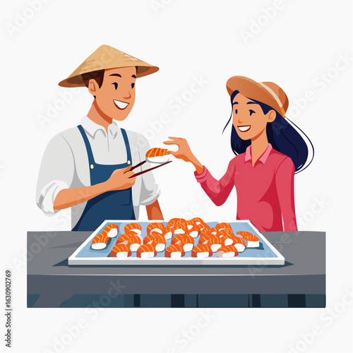 Vendor hands fresh nigiri to smiling tourist in a bustling market, showcasing vibrant street food culture and joyful culinary experience in a lively atmosphere