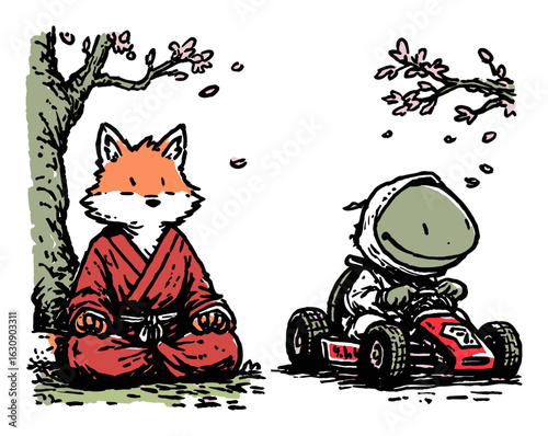 Whimsical Cartoon Characters: Fox and Frog in Meditative and Racing Scenes