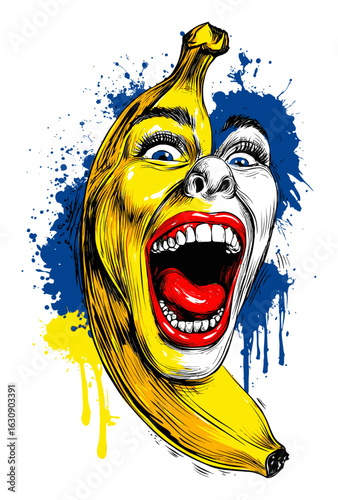 Vibrant Hand-Drawn Banana Face Illustration with Energetic Expression