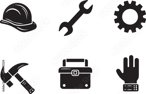 Essential construction tools and safety gear icons for industry projects