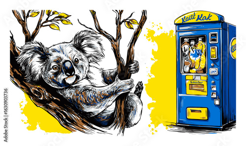 Vibrant Hand-Drawn Illustration of a Koala with a Vending Machine