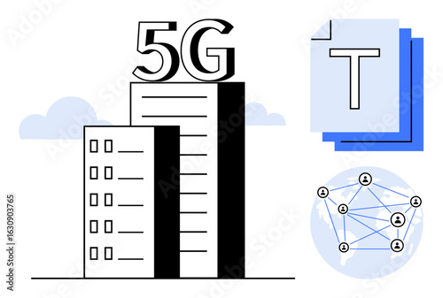Large building with 5G label, connected network map, and text document visuals. Ideal for technology, network, communication, innovation, urban development, 5G adoption simple landing page