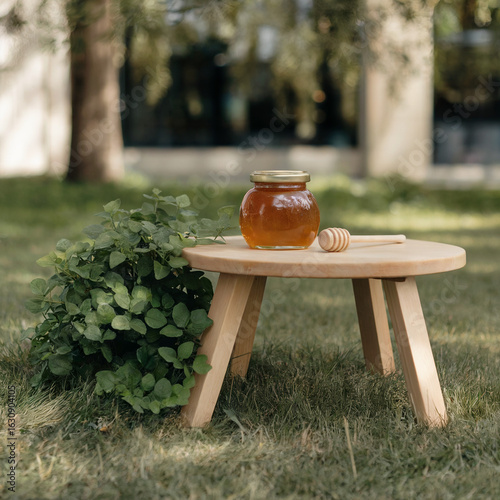 Honey Jar Mockup with Dipper and Gold Cap on Wooden Table Outdoors