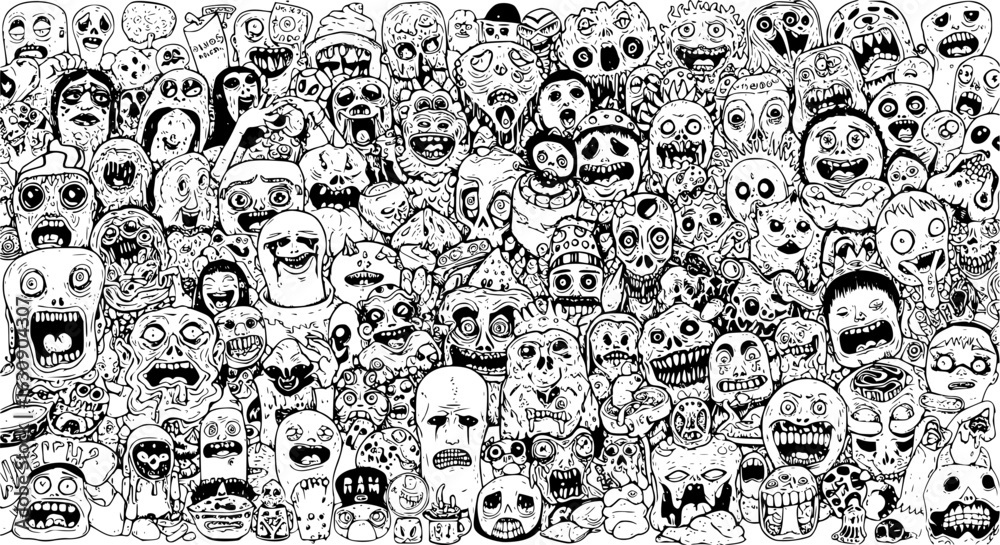 Obraz premium Detailed black and white illustration of a chaotic crowd of grotesque, monstrous, and creepy faces, creatures, and cartoon doodles with exaggerated features.
