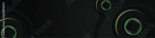 Abstract black circle dimensional horizontal banner background with green neon light design