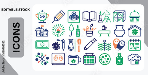 Colorful Vector Icons for Business Education and Lifestyle in Green Blue and Orange trophy pencil