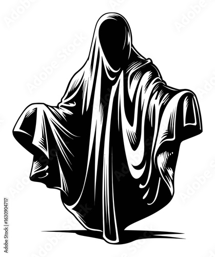 Mysterious Figure Cloaked in Shadows in Vintage Engraving Style