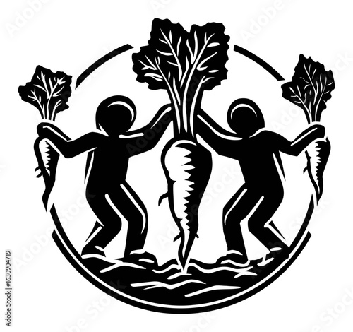 Engraving of Two Farmers Harvesting Carrots in Stylized Illustration