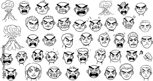 Collection of hand-drawn angry cartoon male faces and erupting volcanoes, showcasing rage, frustration, and explosive emotions in black and white line art.