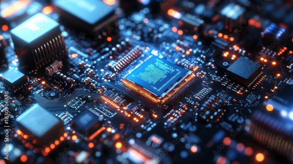 Close up view of a computer motherboard with a central processing unit and glowing orange lights Close up view of a computer motherboard with a central processing unit and glowing orange lights