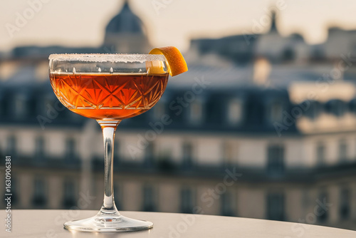 Sidecar cocktail with sugar rim, vintage Paris view in background