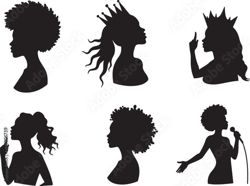 Empowered women silhouettes with crowns, speaking, and posing confidently