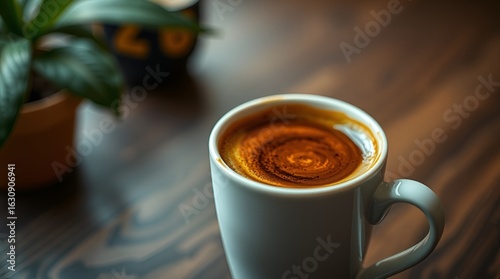 A white cup filled with freshly brewed hot espresso.
