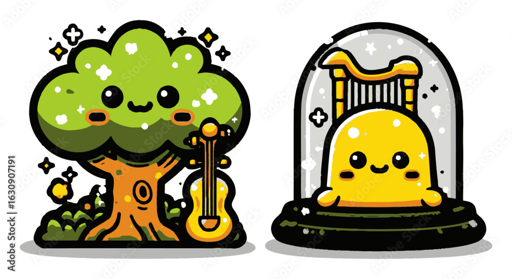 Obraz premium Cute Cartoon Character with Tree and Musical Instrument in Playful Style