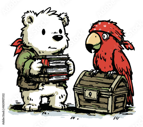Charming Polar Bear and Colorful Parrot in Playful Illustration Artwork