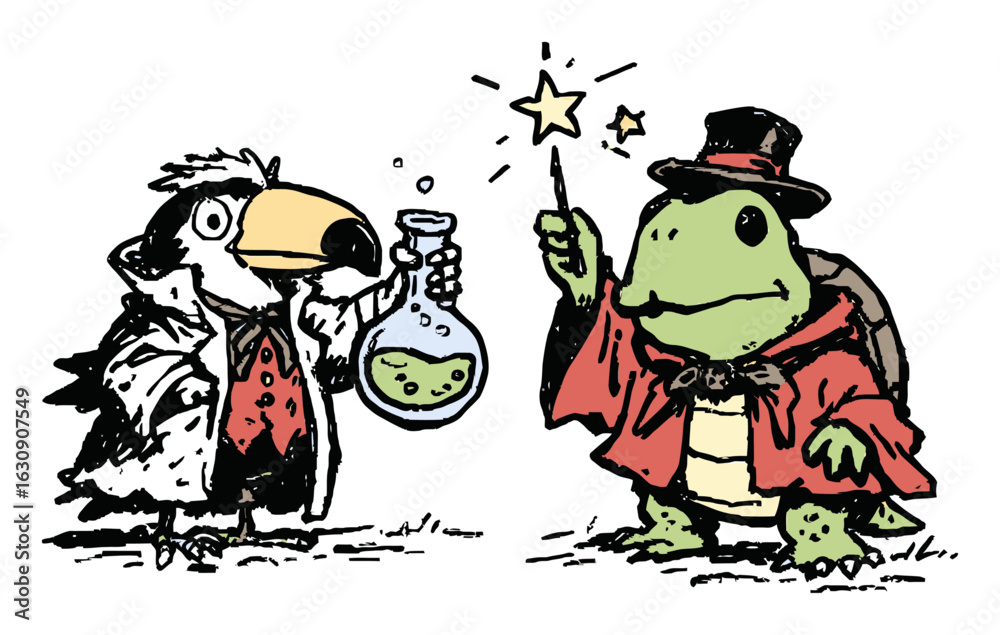 Fototapeta premium Magical Encounter Between a Turtle and a Bird in Charming Illustration