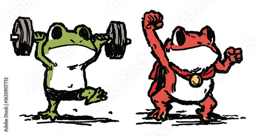 Hand-drawn Frogs Lifting Weights and Celebrating Achievements in Art