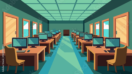 A quiet room with rows of desks and computers equipped with internet access for community members to work or study.