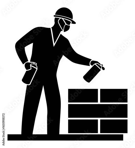 Worker Using Spray Paint on Brick Wall in Black and White Illustration