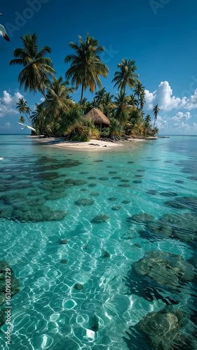 Vertical video Idyllic Tropical Island with Turquoise Waters and a Secluded Hut. Ideal for travel, tourism, and nature-related projects.