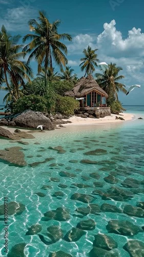 Vertical video Idyllic Tropical Island with Turquoise Waters and a Secluded Hut. Ideal for travel, tourism, and nature-related projects.
