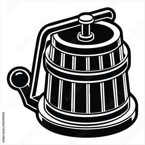 Black and white graphic of a vintage barrel press with a crank handle and plunger on white background