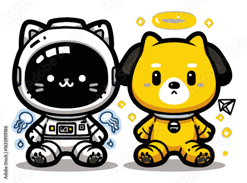 Cute Cartoon Characters in Space Suits with Adorable Expressions