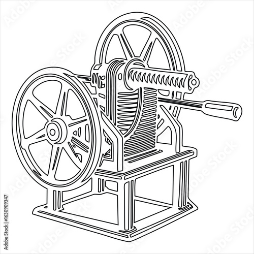 Line art illustration of a classic mechanical winch with two wheels and a crank handle hoist crane