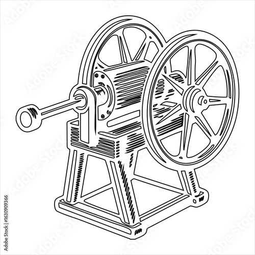 Line art drawing of an old-fashioned mechanical device with two wheels and a crank machine vintage