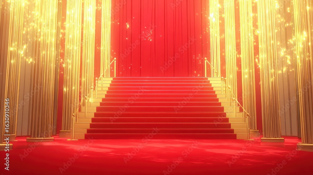 Fototapeta premium Red carpeted staircase with golden columns leading to a red curtain backdrop