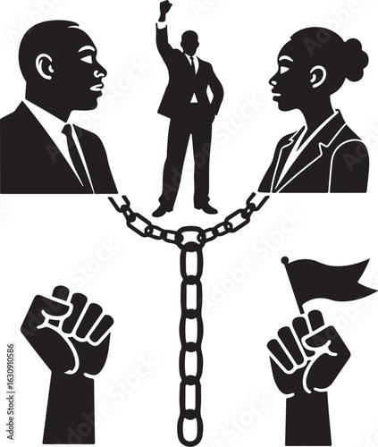 United in fight for freedom breaking chains with raised fists and flags