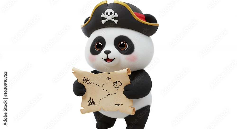 Fototapeta premium Cartoon panda pirate holding treasure map