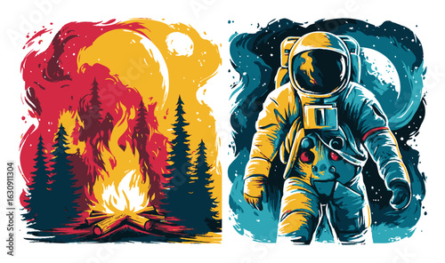 Abstract Illustration of Fire and Astronaut in Contrast Colors