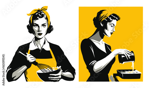 Retro Woman Cooking in Kitchen with Bowl and Mixing Ingredients