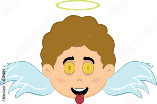 vector illustration face angel character cartoon, with an ambitious expression, coins in his eyes and his tongue sticking out