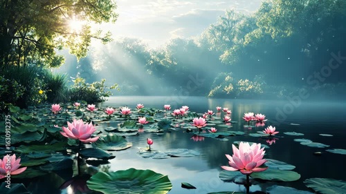 Serene lake with blooming pink lotus flowers surrounded by lush greenery and sunlight
