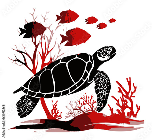 Black and Red Sea Turtle Swimming Among Colorful Coral and Fish
