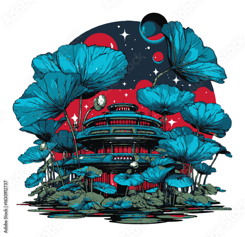 Vibrant Silhouette Illustration of a Futuristic Structure Surrounded by Flora