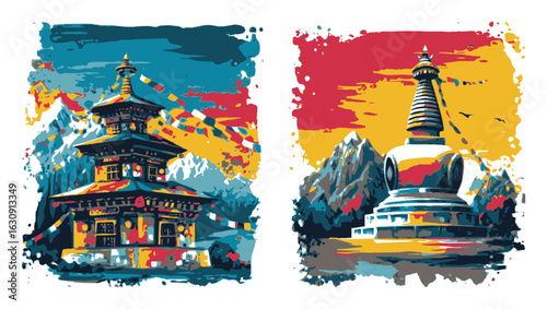 Colorful Abstract Illustration of Tibetan Architecture and Mountains