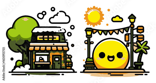 Charming Cartoon Scene with Groovy Sun and Cozy Shop in Nature