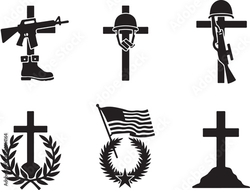 Honoring fallen soldiers symbols cross helmet flag laurel wreath military boot