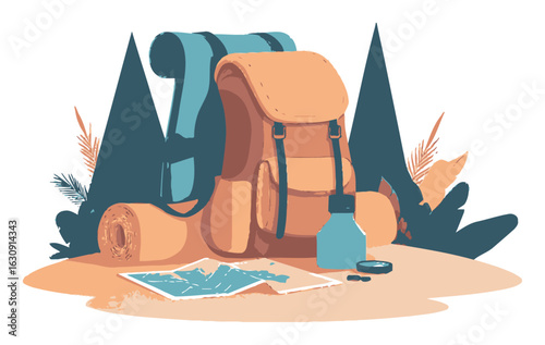 Cartoon Style Backpack with Camping Gear and Map Illustration